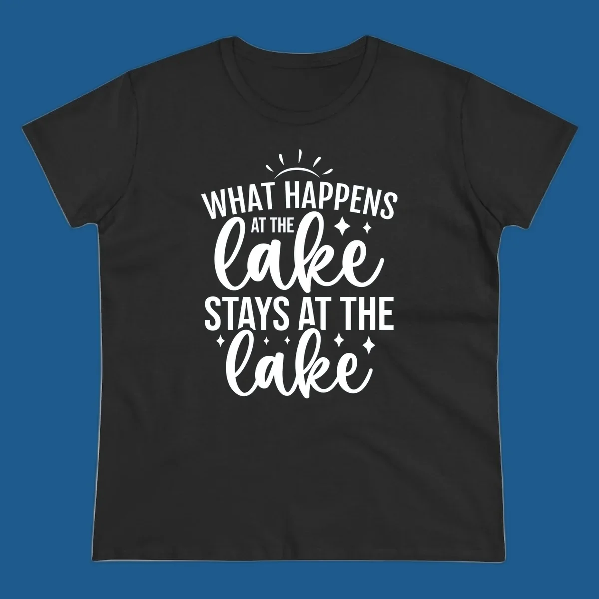 What happens at the lake stays at the lake typography design with sun rays and sparkles.