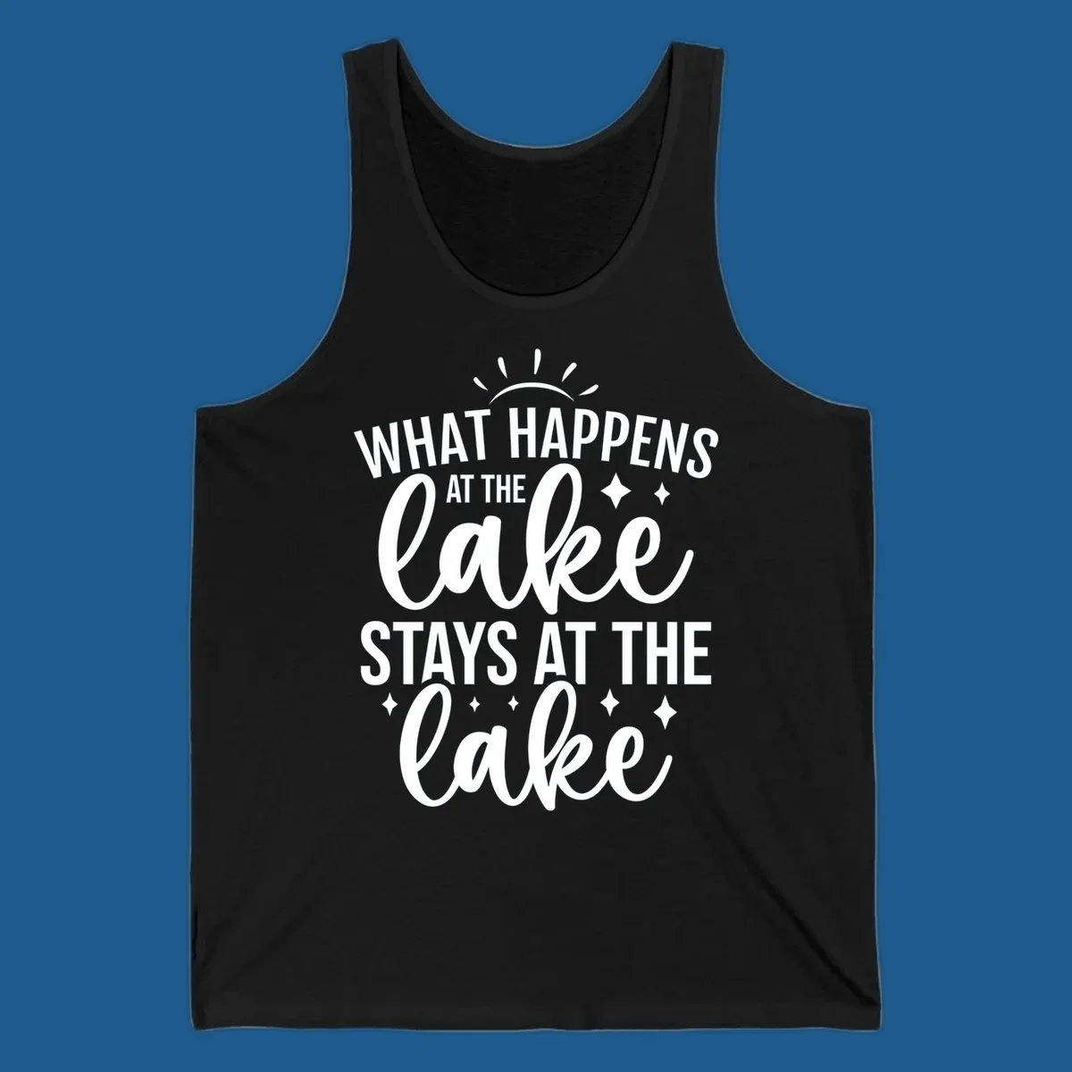 What happens at the lake stays at the lake typography design with sun rays and sparkles.