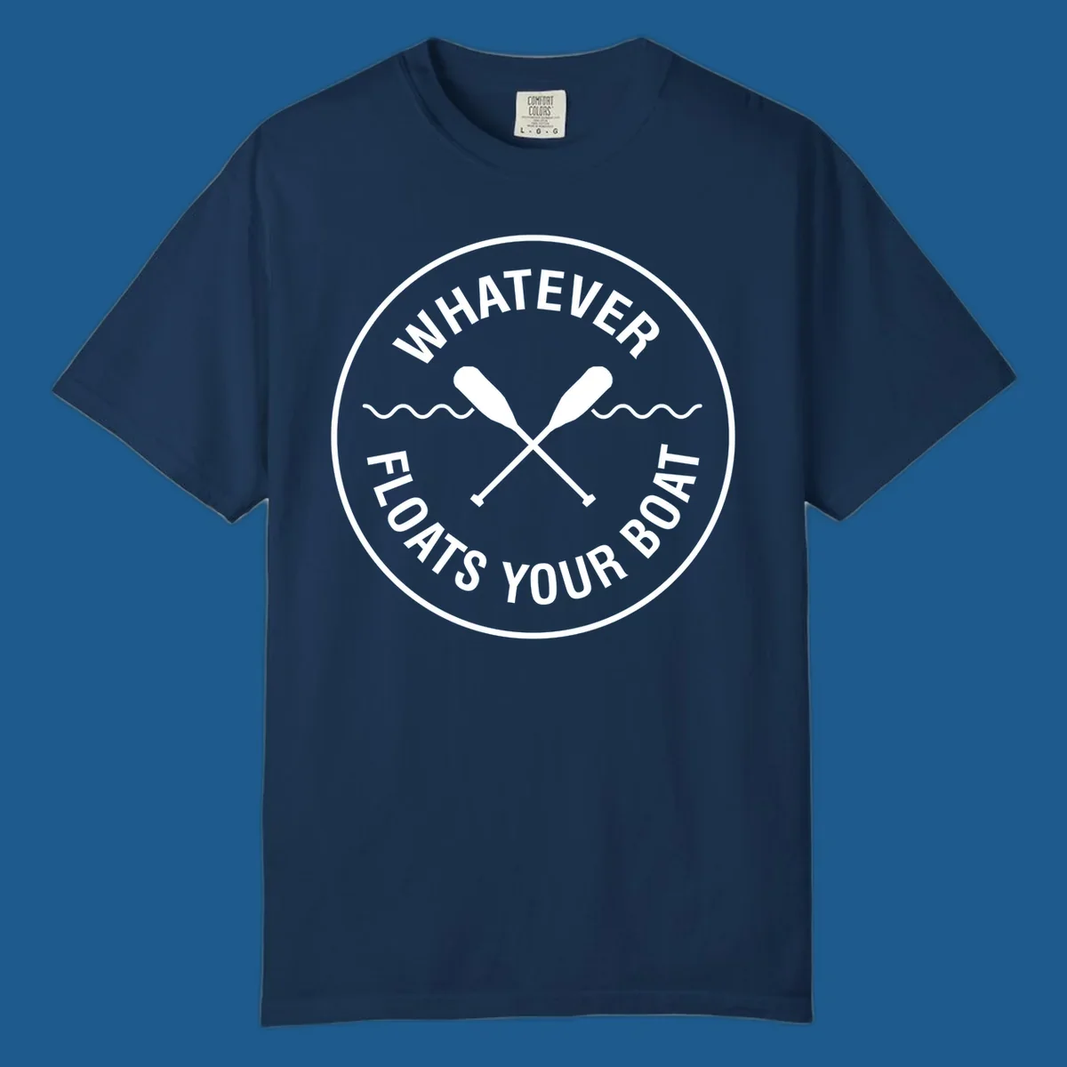 Circular badge with 'Whatever Floats Your Boat' text and crossed oars, representing pontoon boat lifestyle.