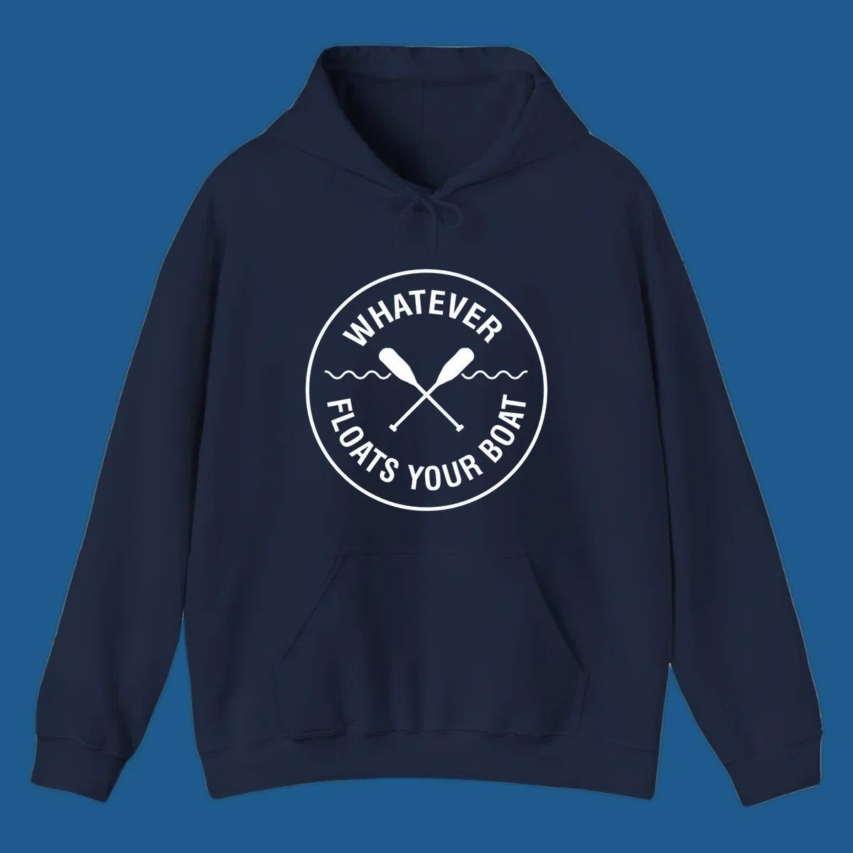 Circular badge with 'Whatever Floats Your Boat' text and crossed oars, representing pontoon boat lifestyle.