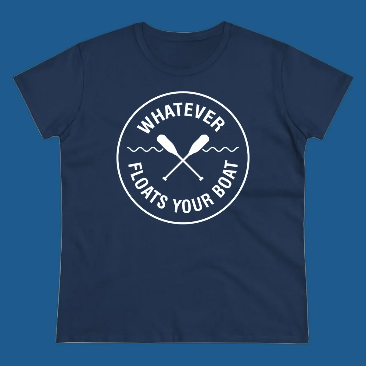 Circular badge with 'Whatever Floats Your Boat' text and crossed oars, representing pontoon boat lifestyle.