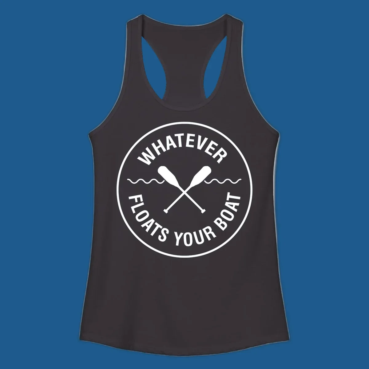 Circular badge with 'Whatever Floats Your Boat' text and crossed oars, representing pontoon boat lifestyle.