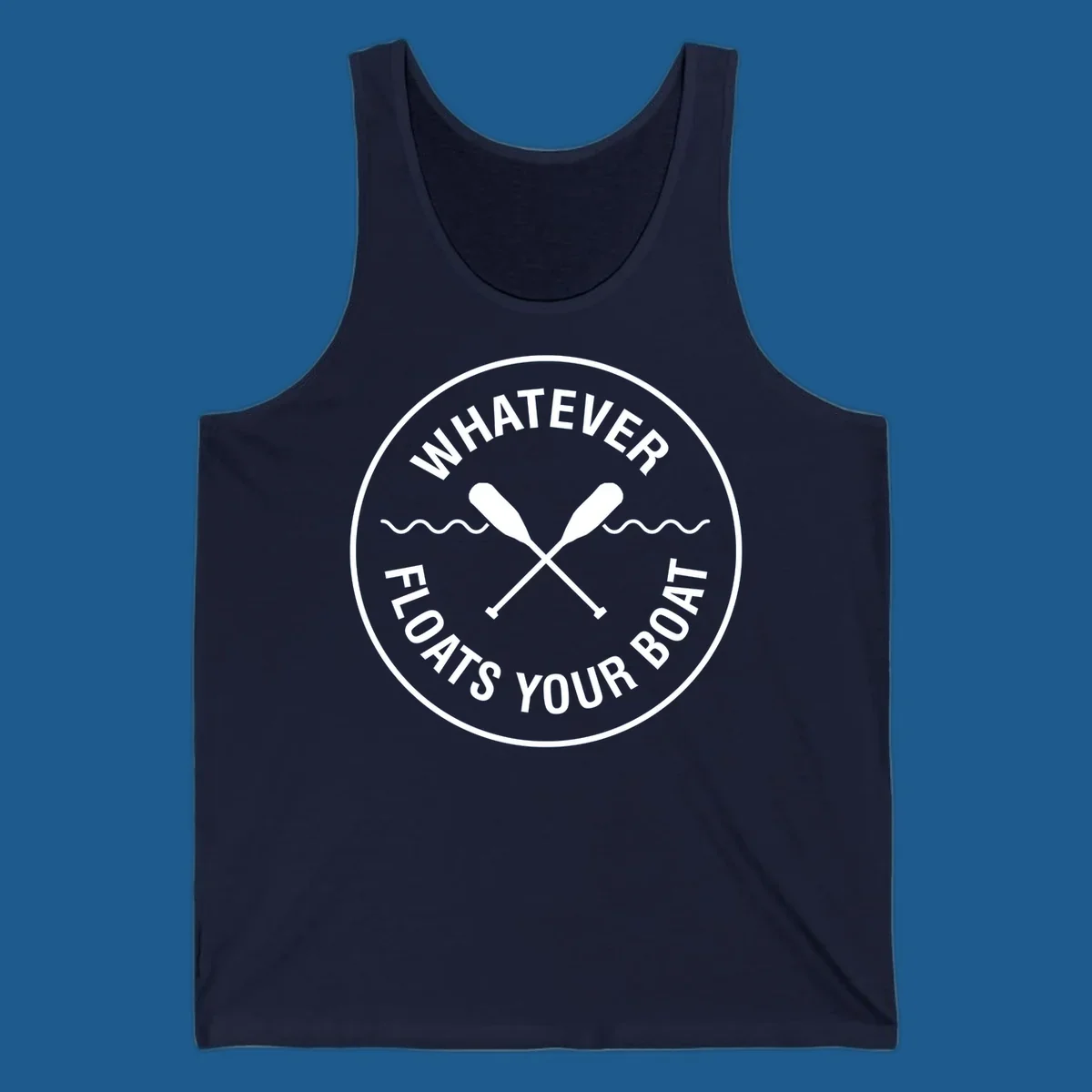 Circular badge with 'Whatever Floats Your Boat' text and crossed oars, representing pontoon boat lifestyle.