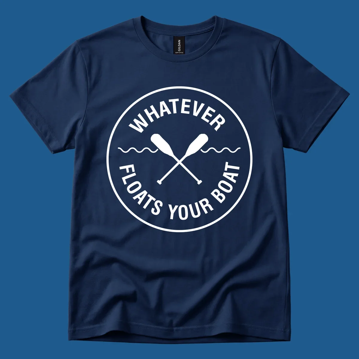 Circular badge with 'Whatever Floats Your Boat' text and crossed oars, representing pontoon boat lifestyle.