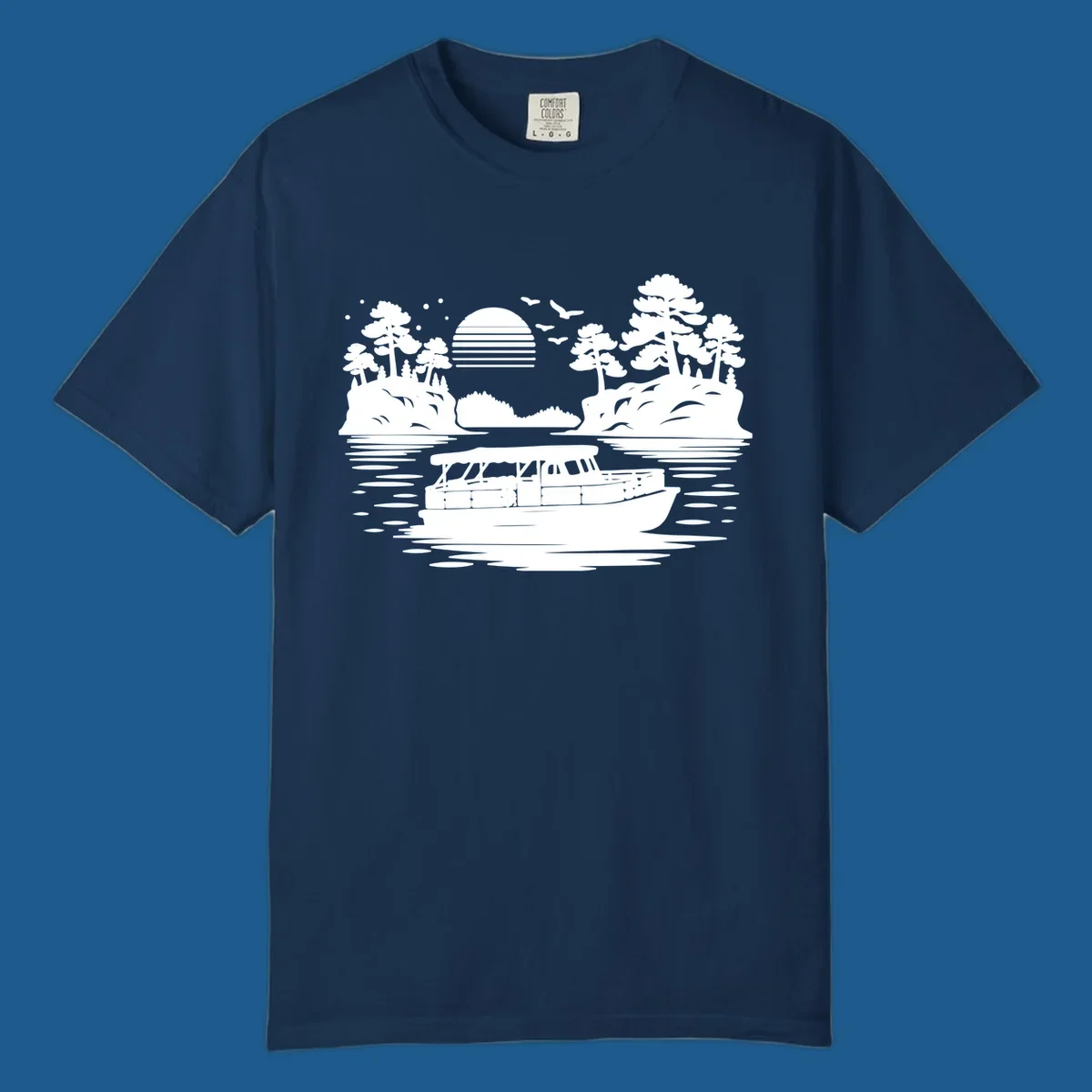 Pontoon boat on the water at sunset with islands and trees, white silhouette design.