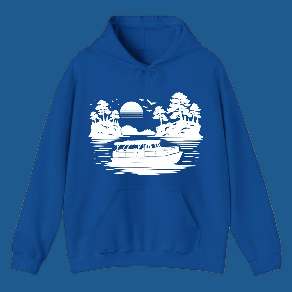 Pontoon boat on the water at sunset with islands and trees, white silhouette design.