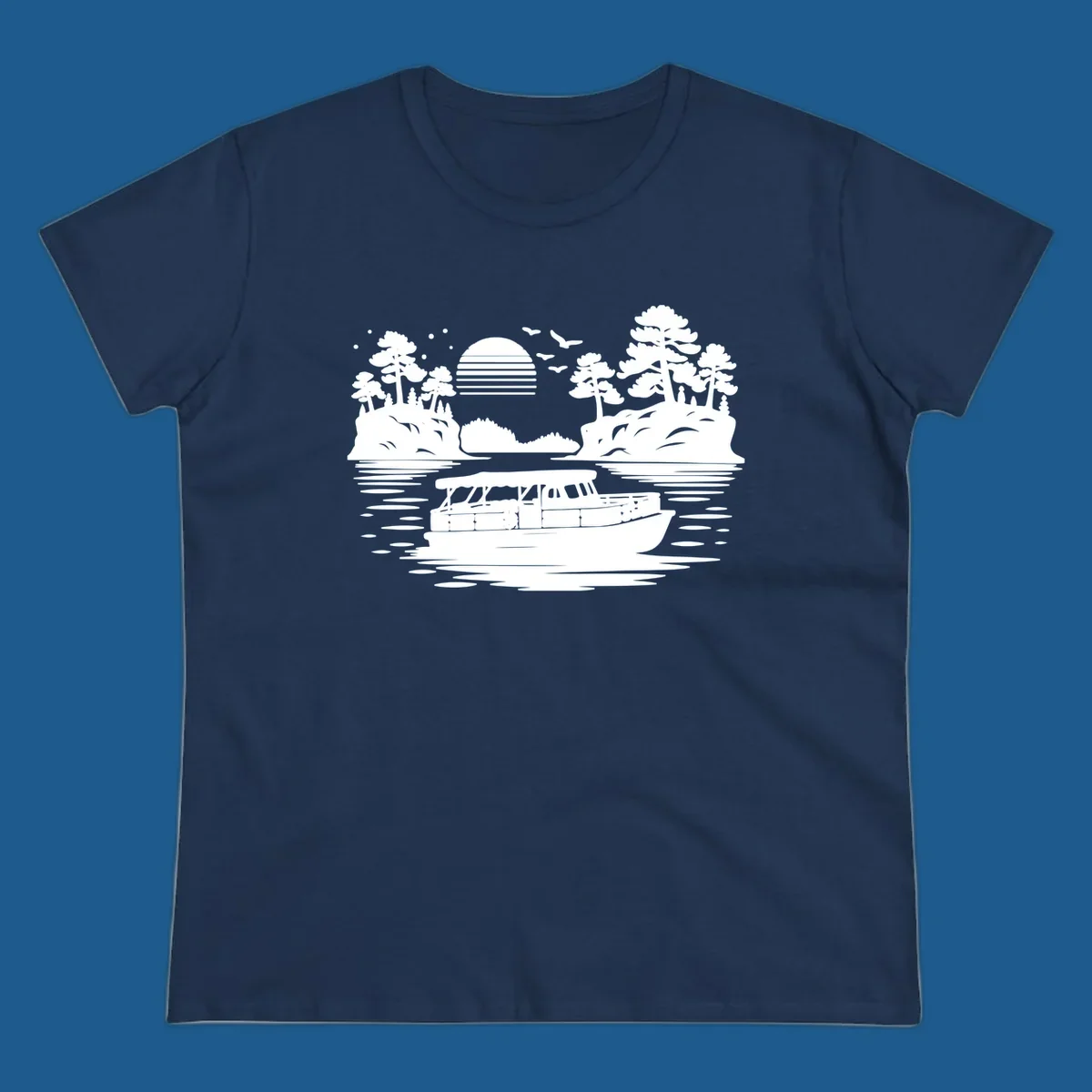 Pontoon boat on the water at sunset with islands and trees, white silhouette design.