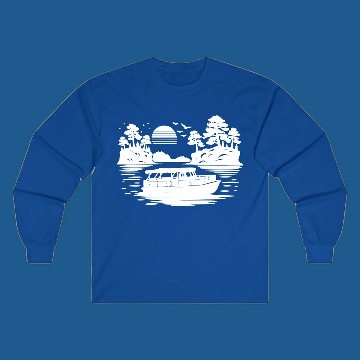 Pontoon boat on the water at sunset with islands and trees, white silhouette design.