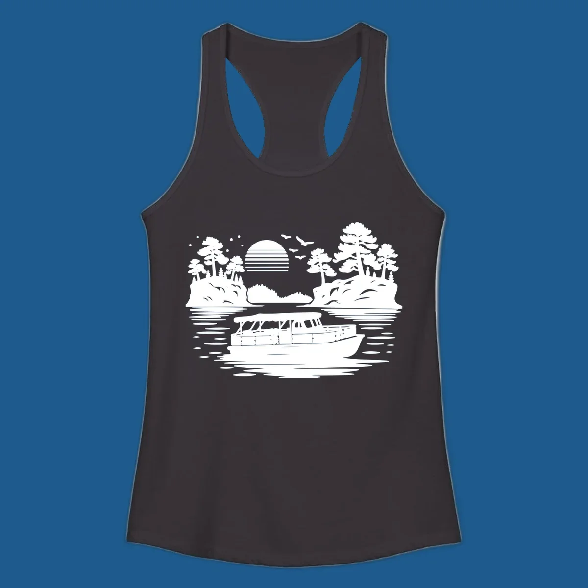 Pontoon boat on the water at sunset with islands and trees, white silhouette design.