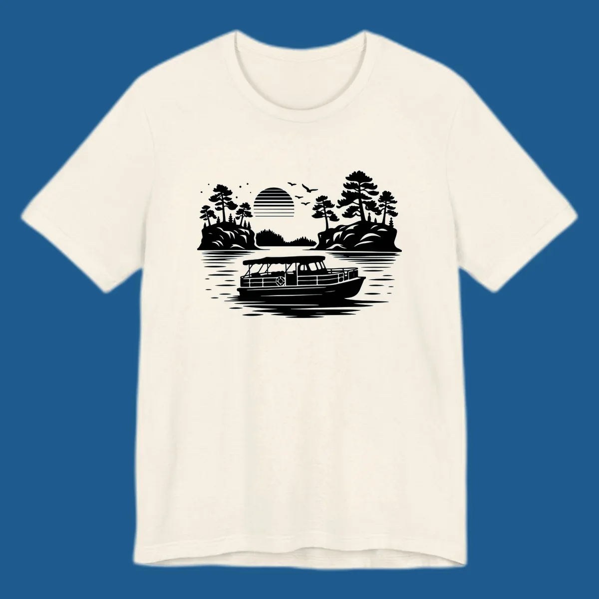 Pontoon boat on the water at sunset with islands and trees, white silhouette design.