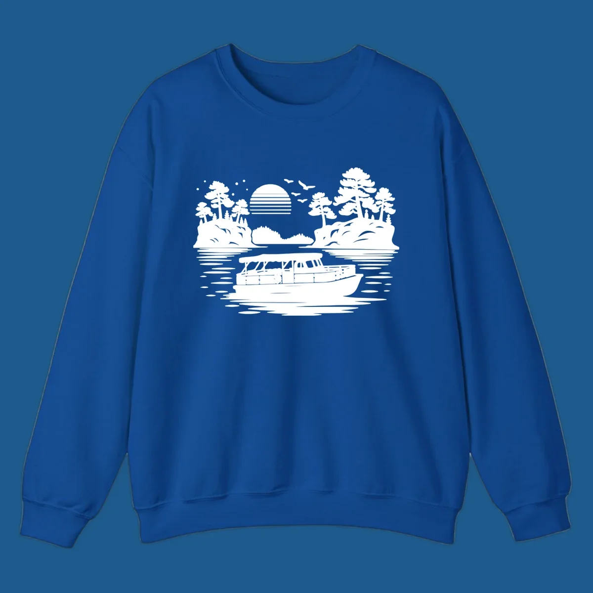 Pontoon boat on the water at sunset with islands and trees, white silhouette design.