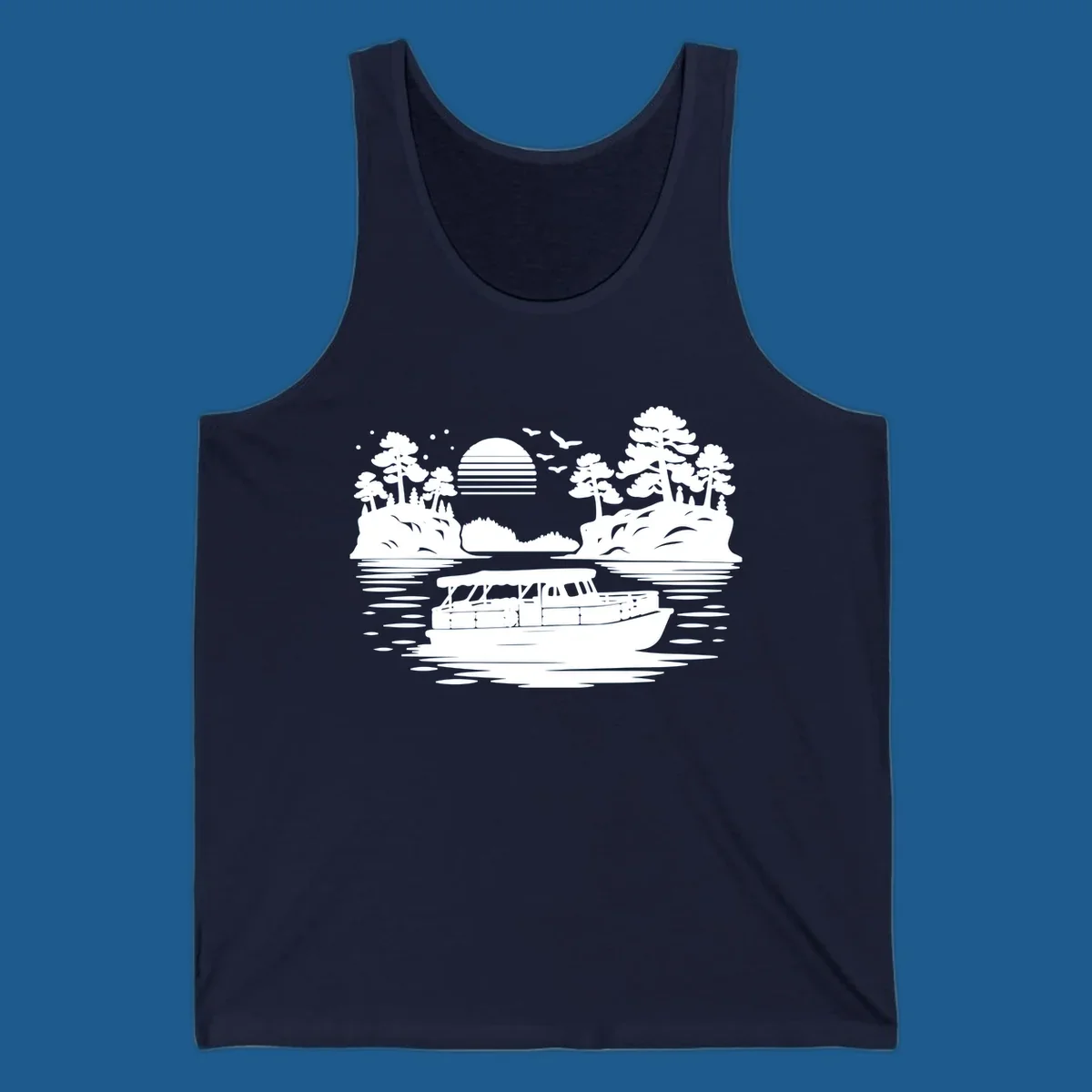Pontoon boat on the water at sunset with islands and trees, white silhouette design.