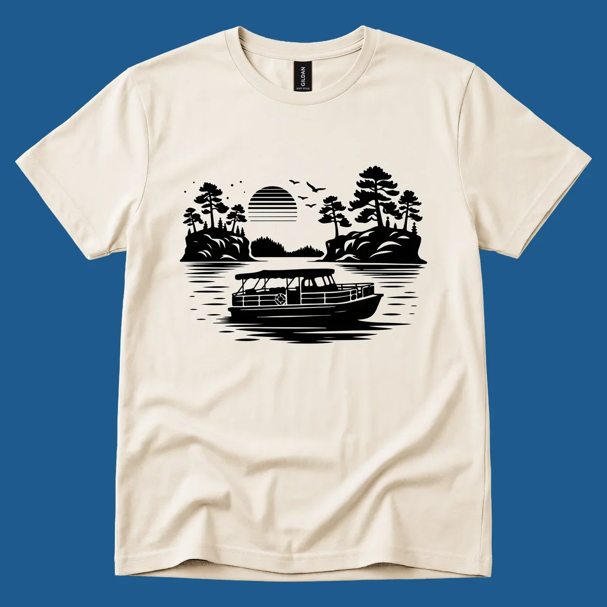 Pontoon boat on the water at sunset with islands and trees, white silhouette design.