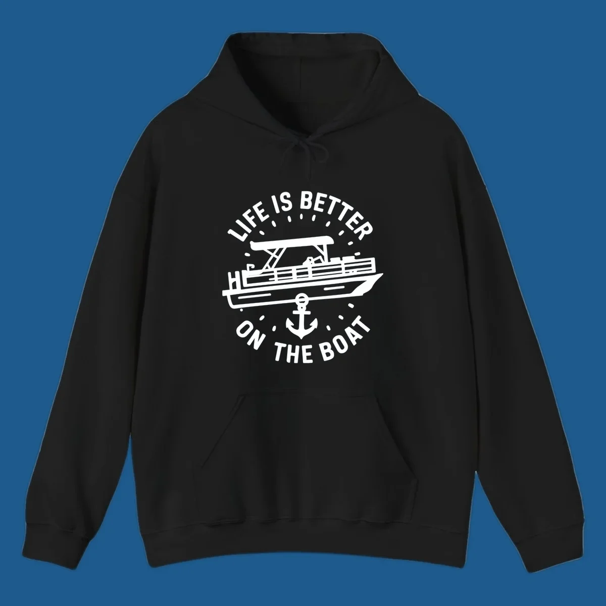 Pontoon boat and anchor with text 'Life is Better On The Boat', pontoon-boat-life design.