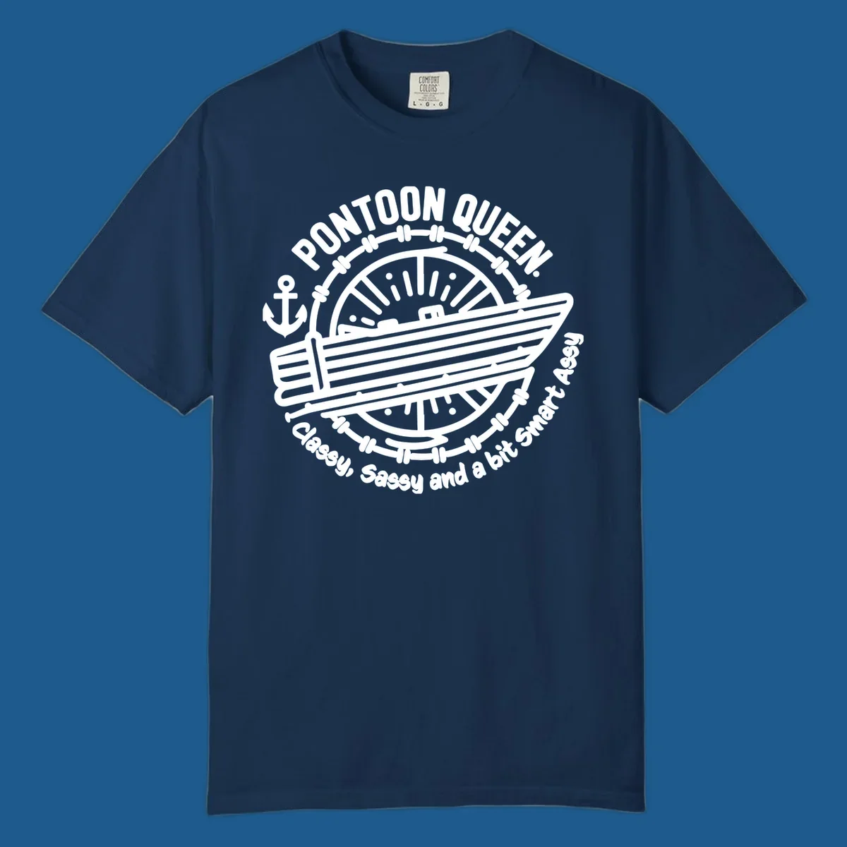 Pontoon Queen boat life design with text and graphics of a boat, wheel, and anchor.