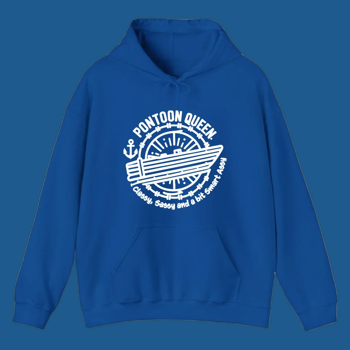 Pontoon Queen boat life design with text and graphics of a boat, wheel, and anchor.