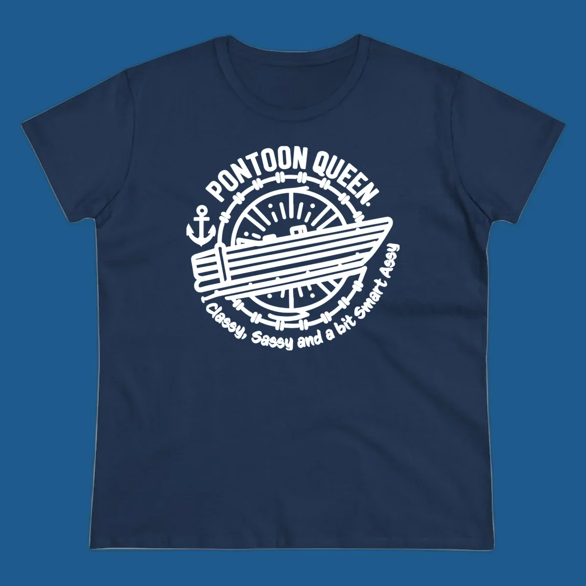 Pontoon Queen boat life design with text and graphics of a boat, wheel, and anchor.