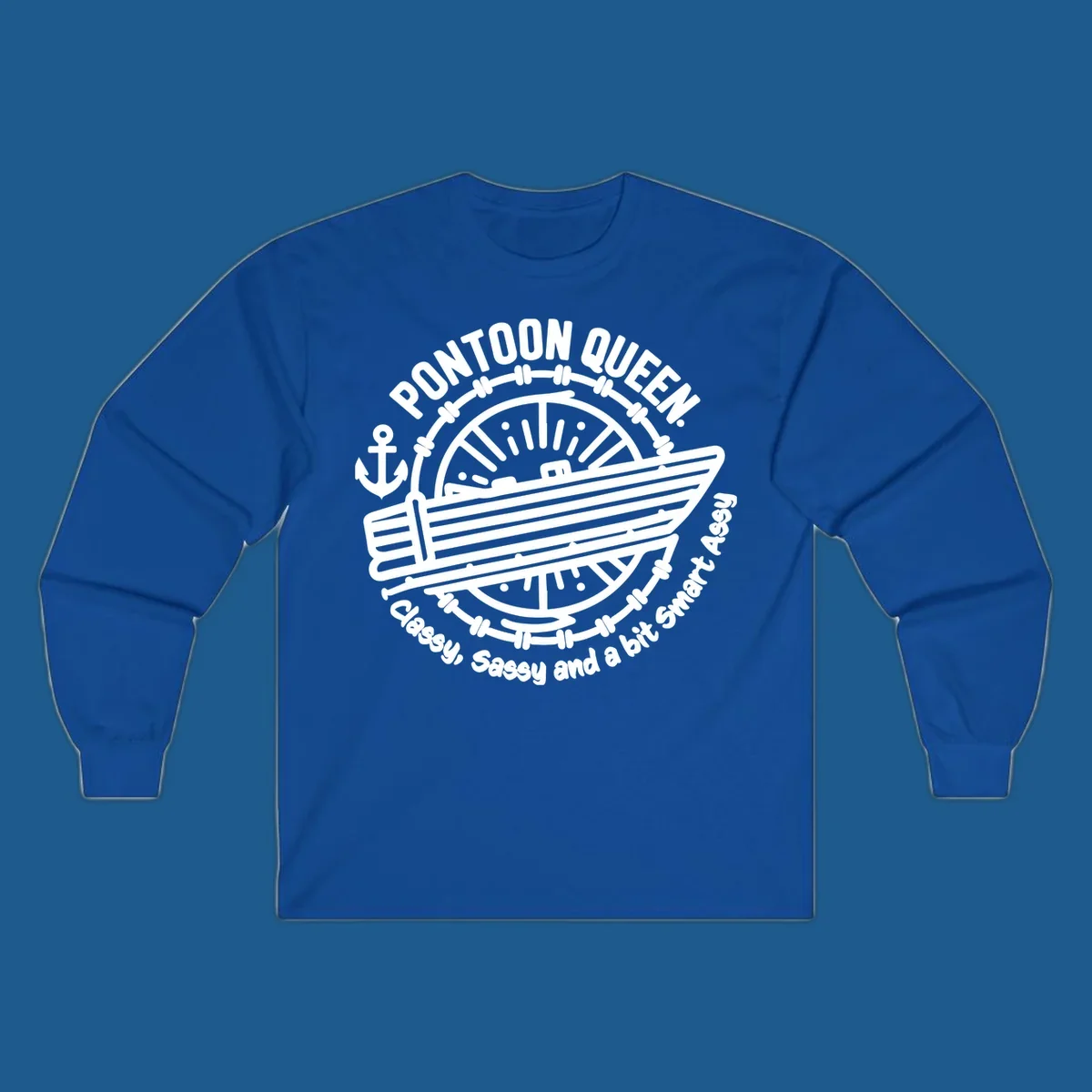 Pontoon Queen boat life design with text and graphics of a boat, wheel, and anchor.