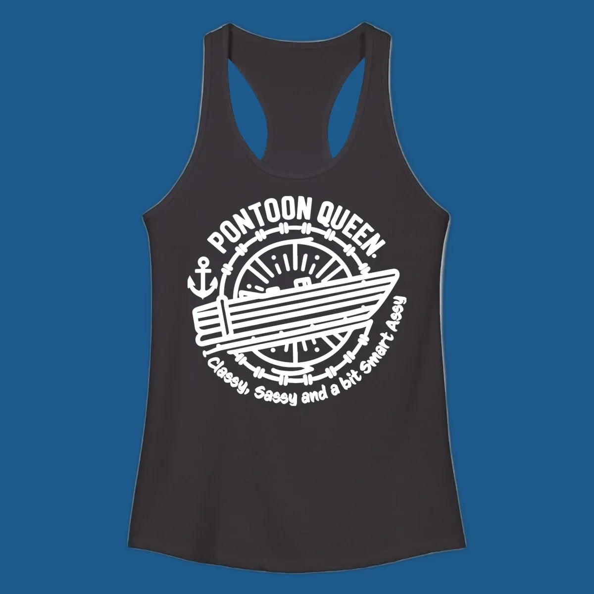 Pontoon Queen boat life design with text and graphics of a boat, wheel, and anchor.
