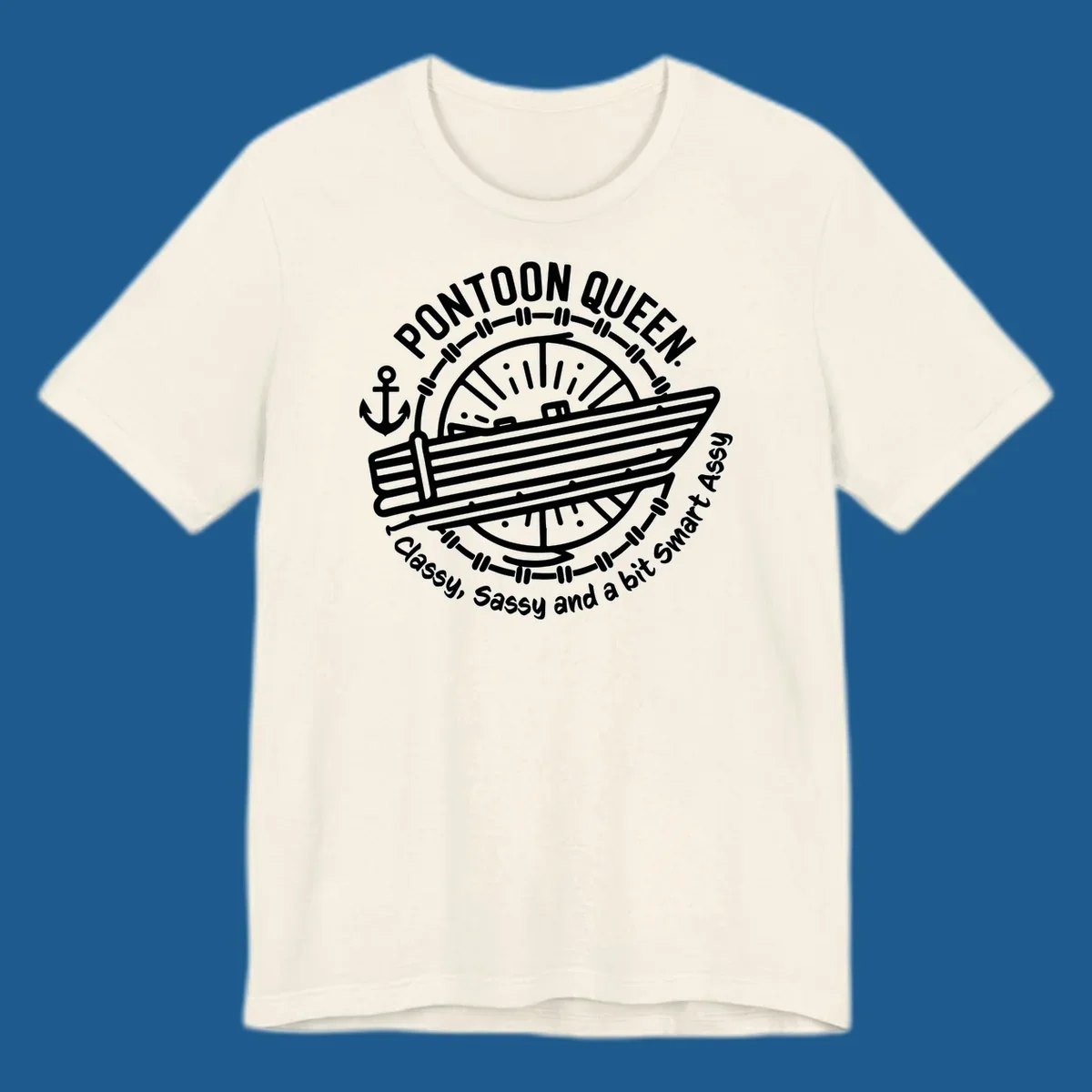 Pontoon Queen boat life design with text and graphics of a boat, wheel, and anchor.
