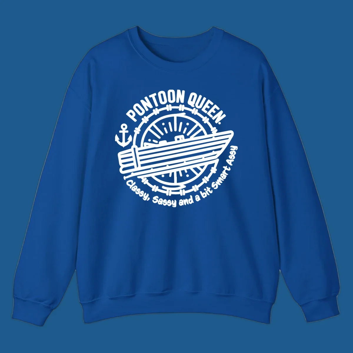 Pontoon Queen boat life design with text and graphics of a boat, wheel, and anchor.