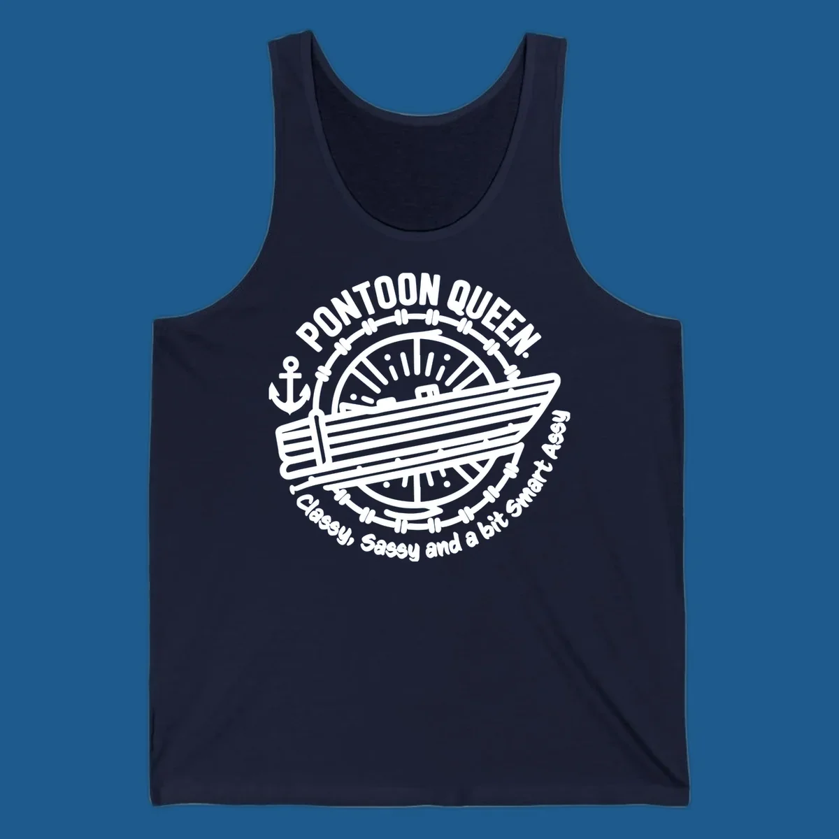 Pontoon Queen boat life design with text and graphics of a boat, wheel, and anchor.