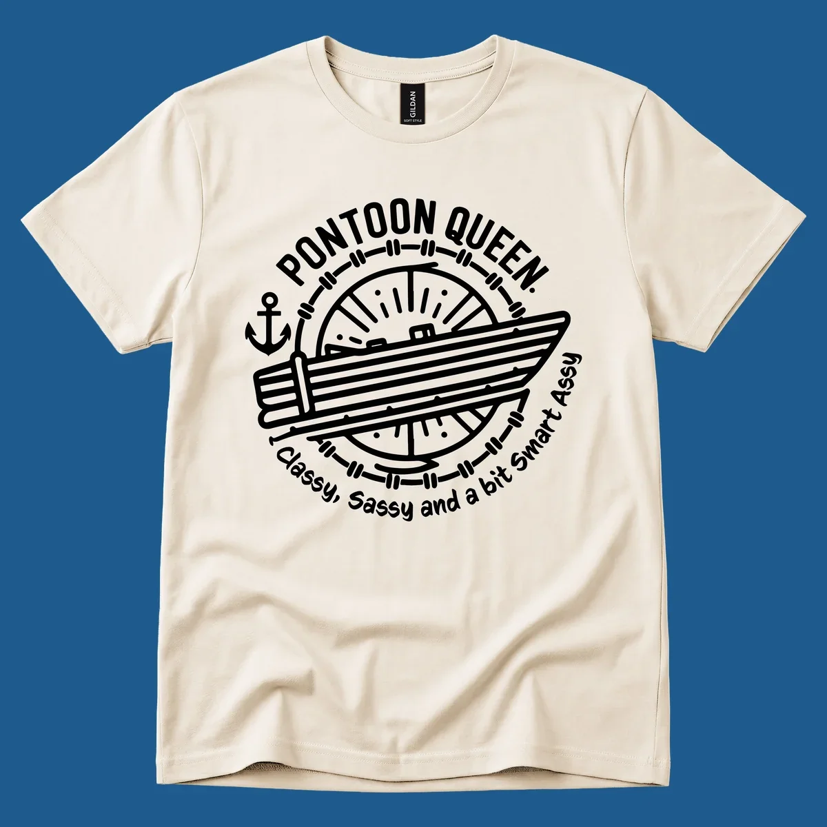 Pontoon Queen boat life design with text and graphics of a boat, wheel, and anchor.