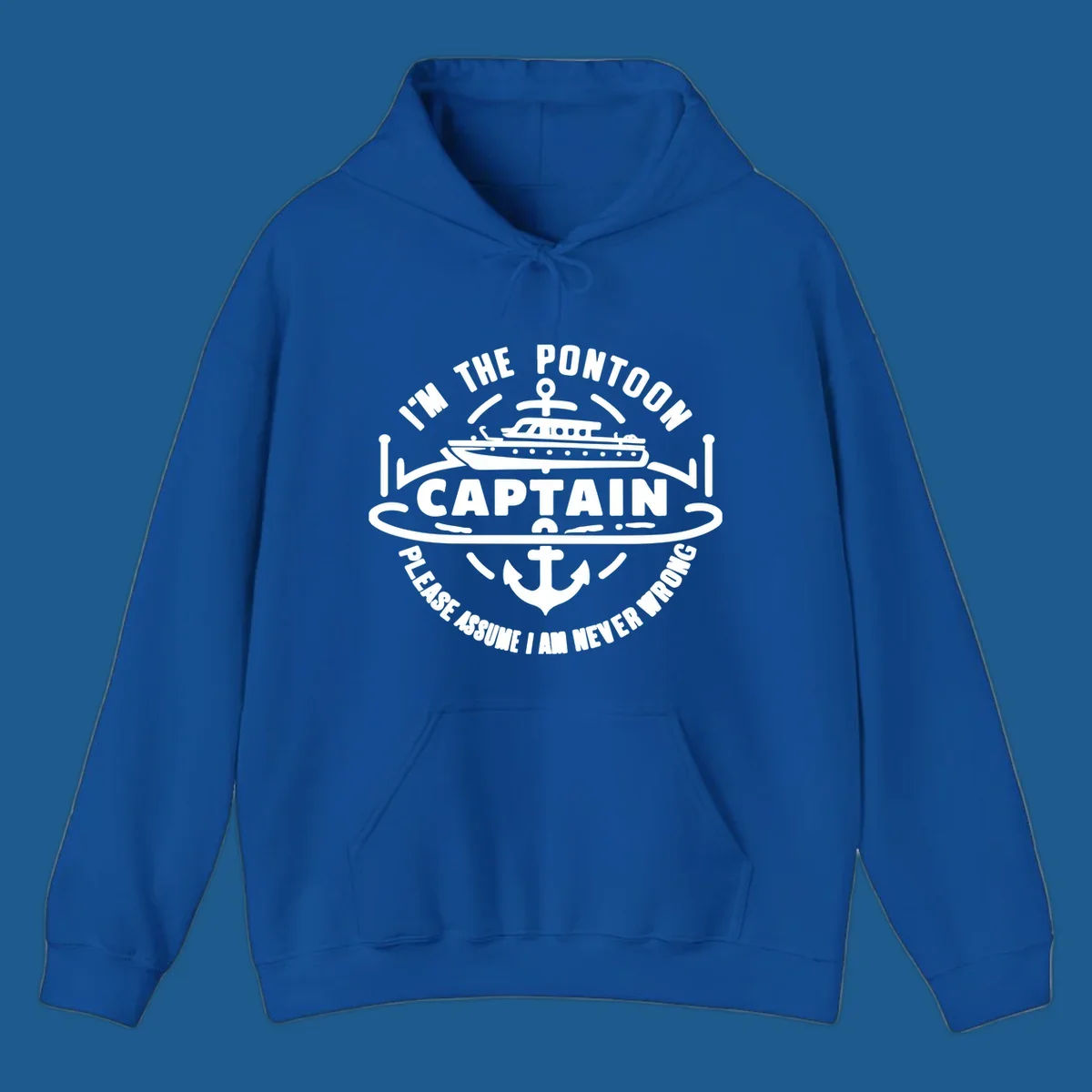 Circular badge design with a pontoon boat and anchor, text reads 'I'm The Pontoon Captain Please Assume I Am Never Wrong'.