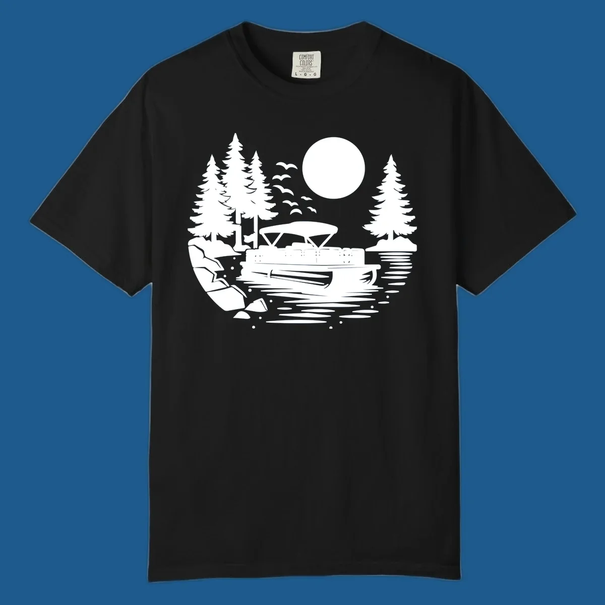 Pontoon boat on a lake at sunset with trees and a full moon, pontoon-boat-sunset