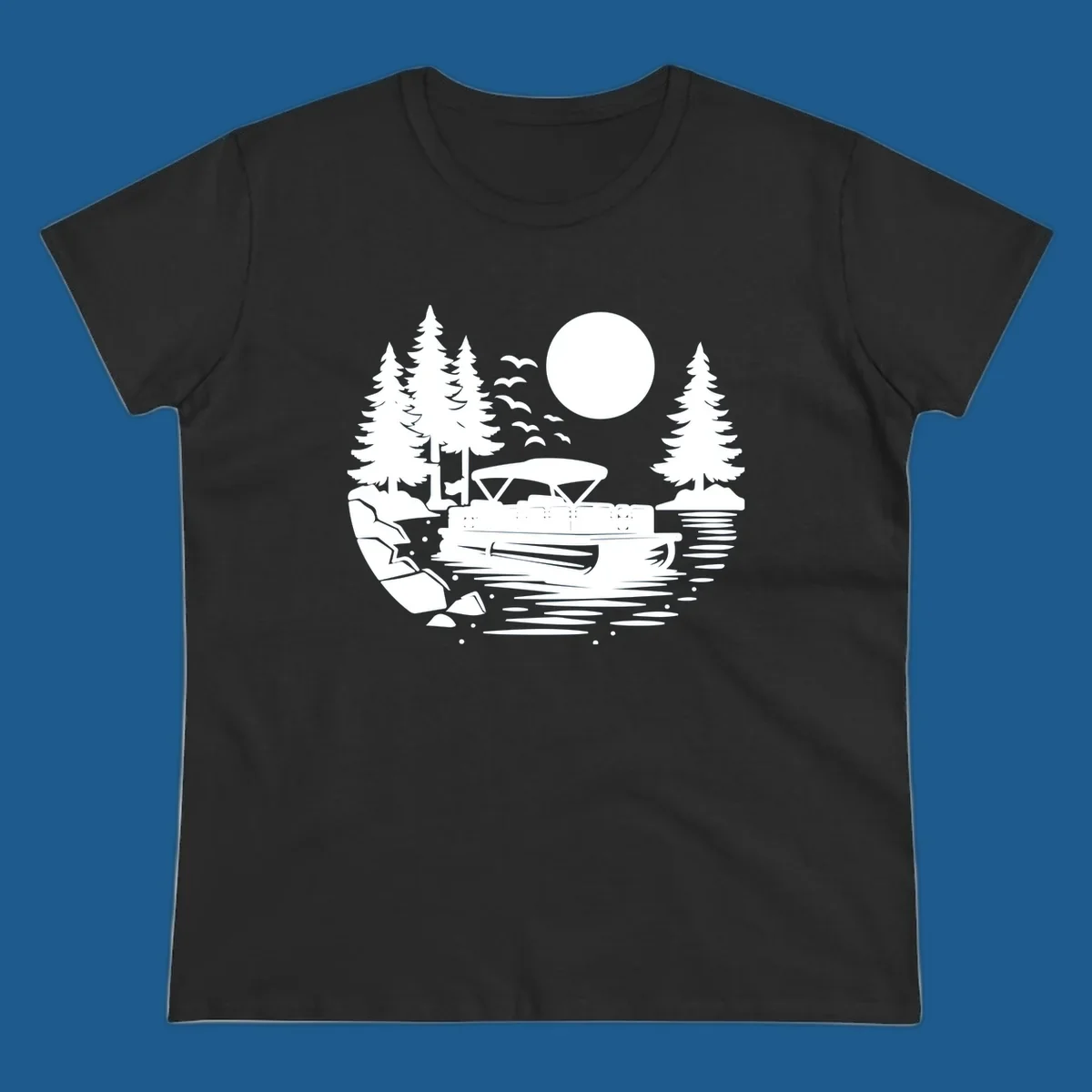 Pontoon boat on a lake at sunset with trees and a full moon, pontoon-boat-sunset