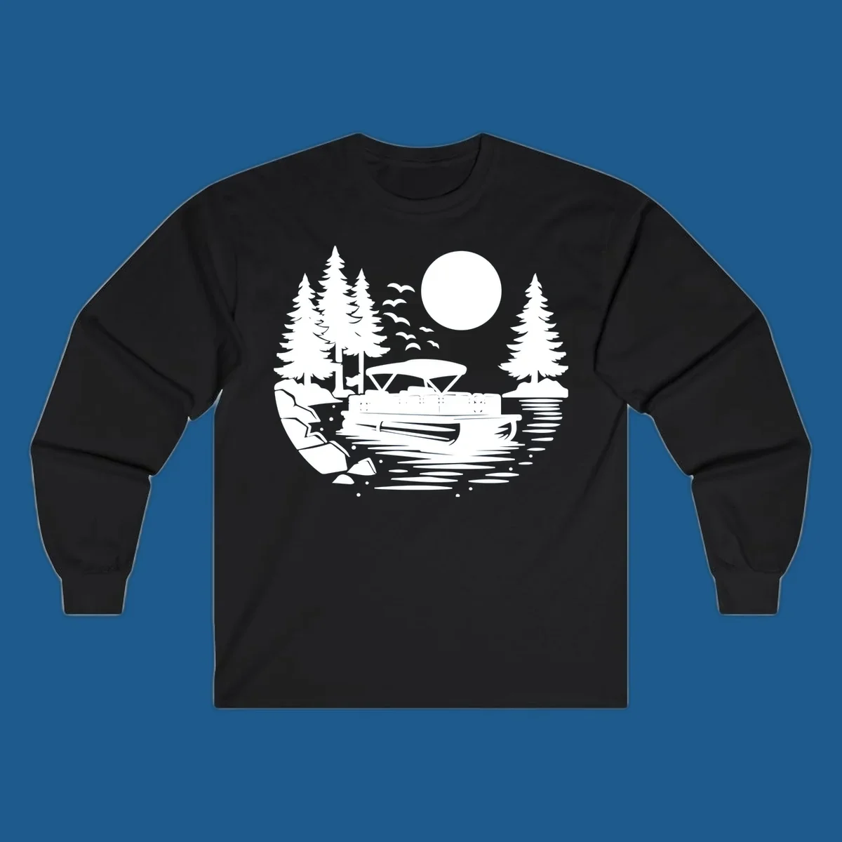Pontoon boat on a lake at sunset with trees and a full moon, pontoon-boat-sunset