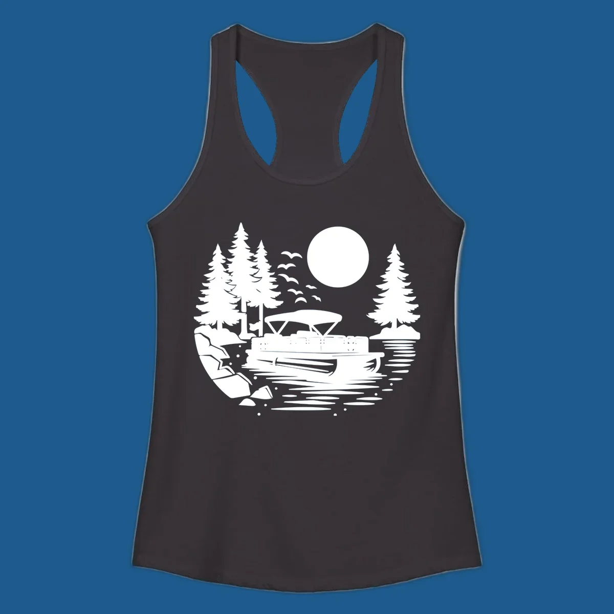Pontoon boat on a lake at sunset with trees and a full moon, pontoon-boat-sunset