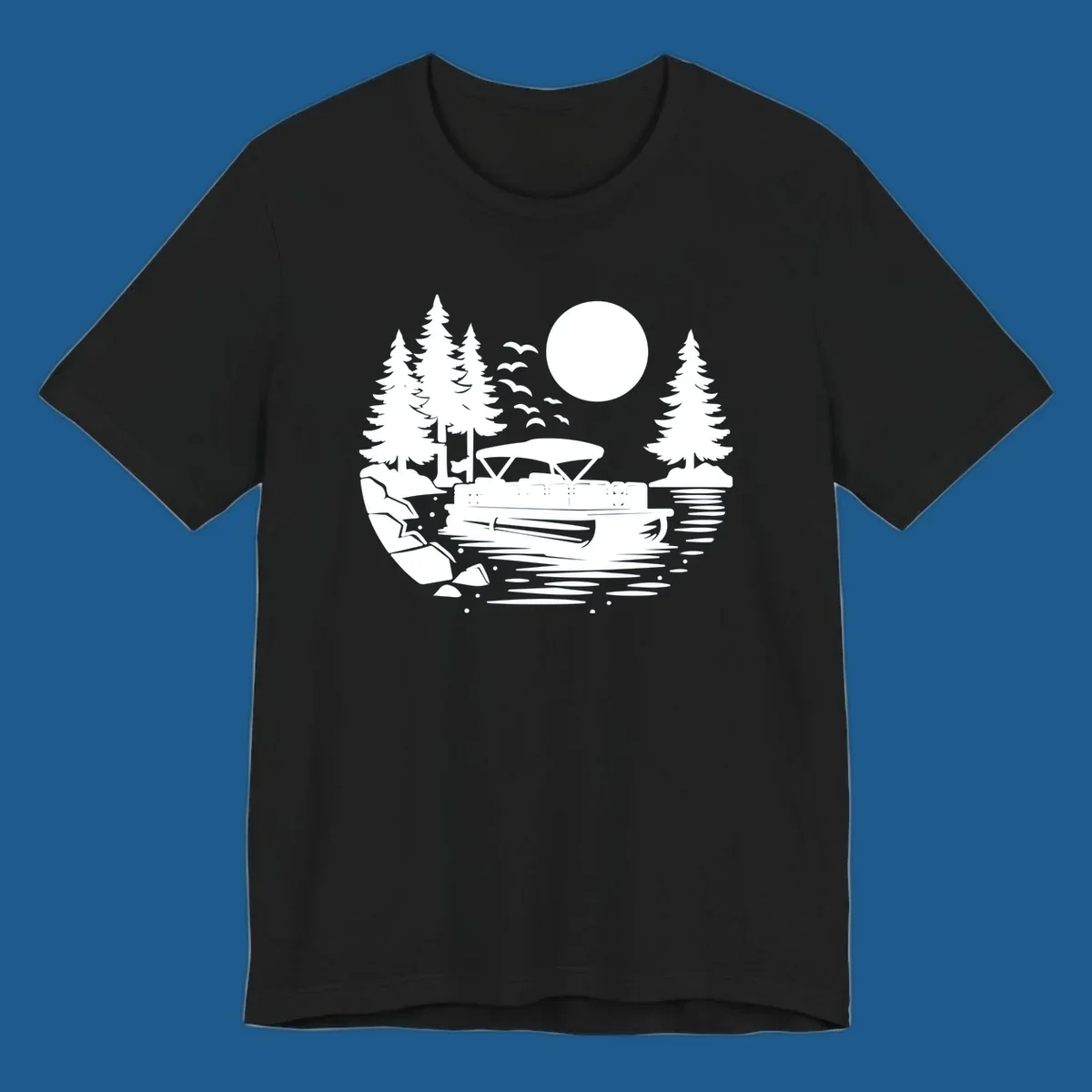 Pontoon boat on a lake at sunset with trees and a full moon, pontoon-boat-sunset