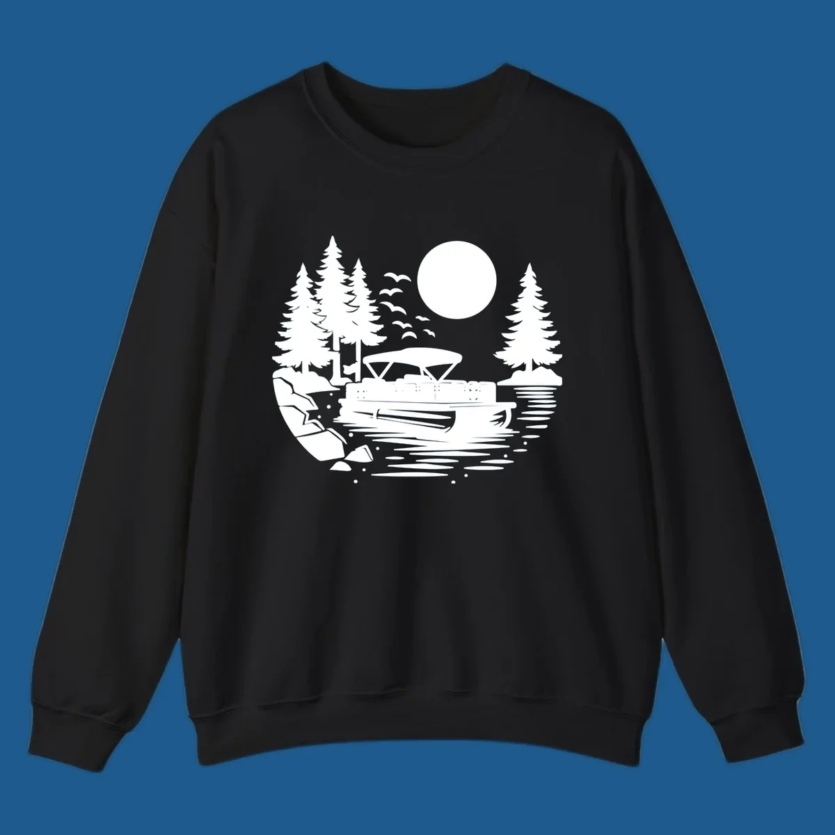 Pontoon boat on a lake at sunset with trees and a full moon, pontoon-boat-sunset