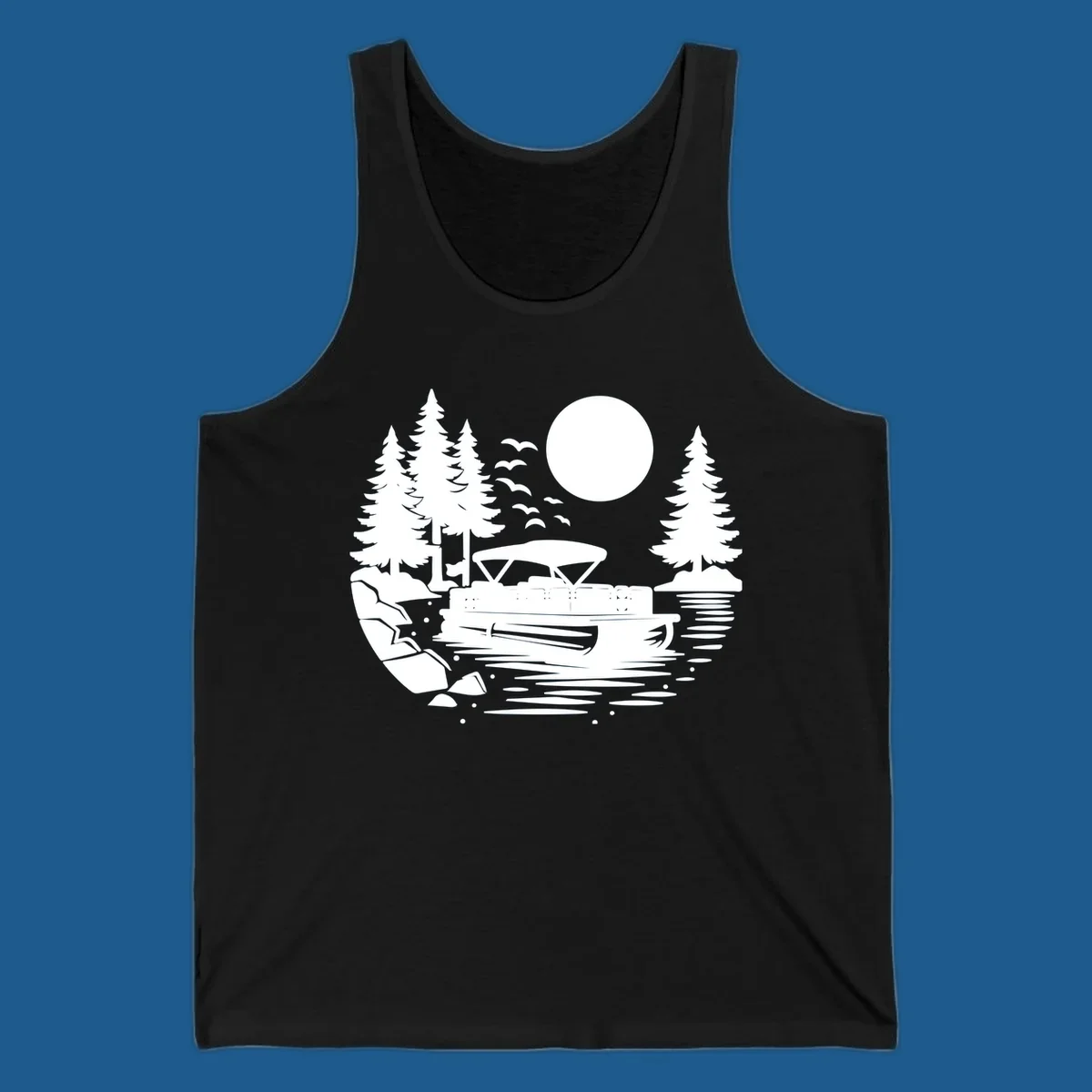 Pontoon boat on a lake at sunset with trees and a full moon, pontoon-boat-sunset