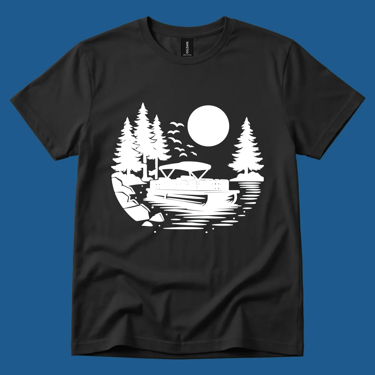 Pontoon boat on a lake at sunset with trees and a full moon, pontoon-boat-sunset