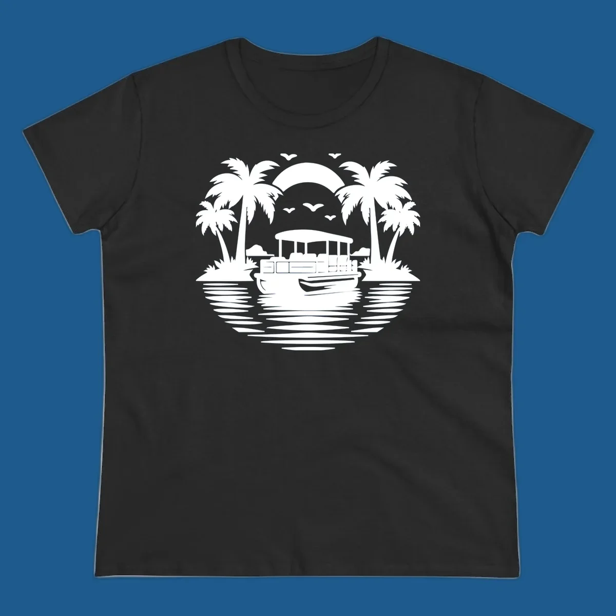 Pontoon boat sunset cruise with palm trees and birds in the sky.