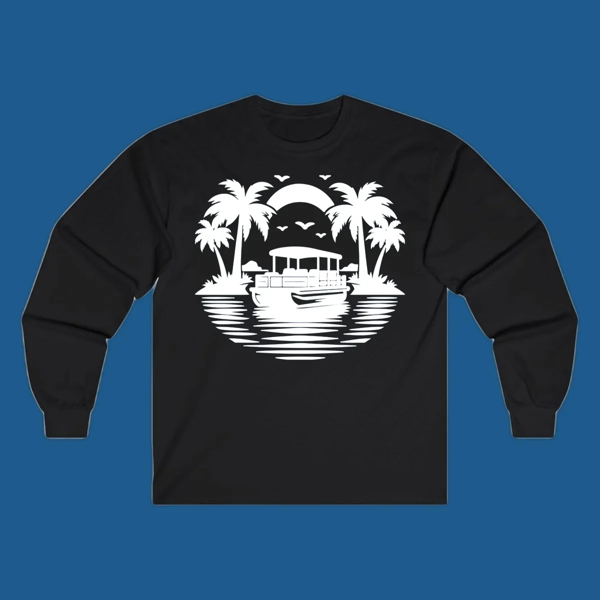 Pontoon boat sunset cruise with palm trees and birds in the sky.
