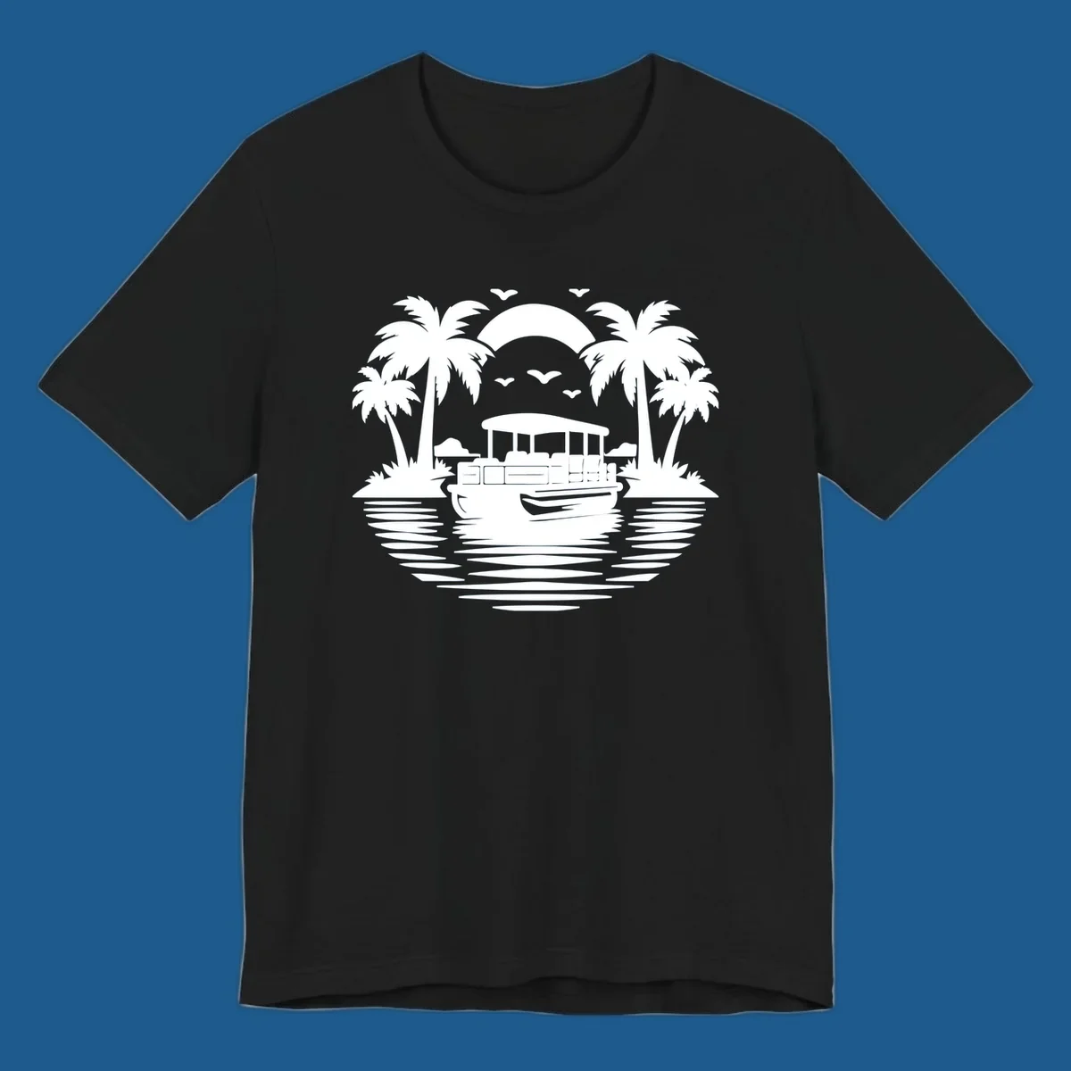 Pontoon boat sunset cruise with palm trees and birds in the sky.