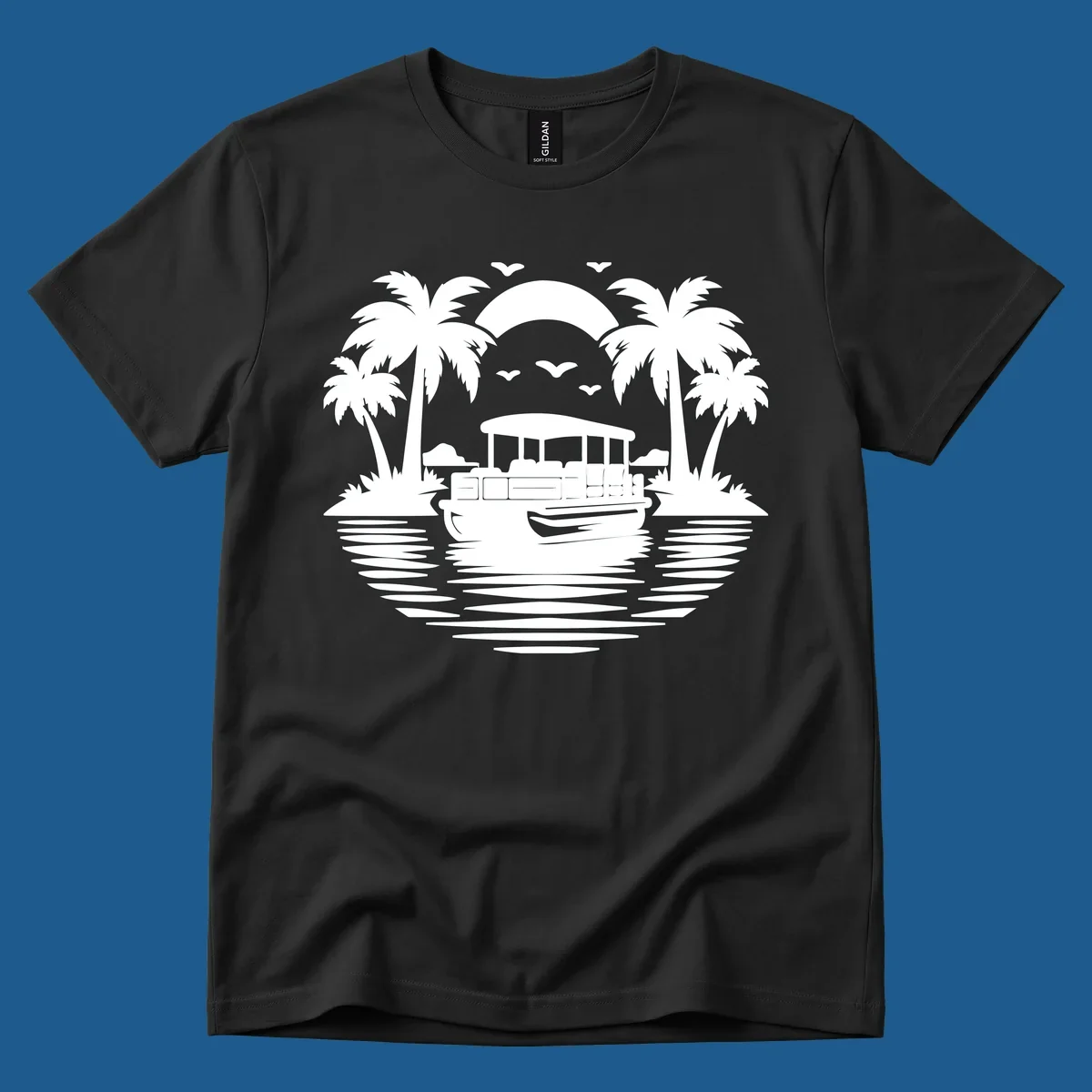 Pontoon boat sunset cruise with palm trees and birds in the sky.