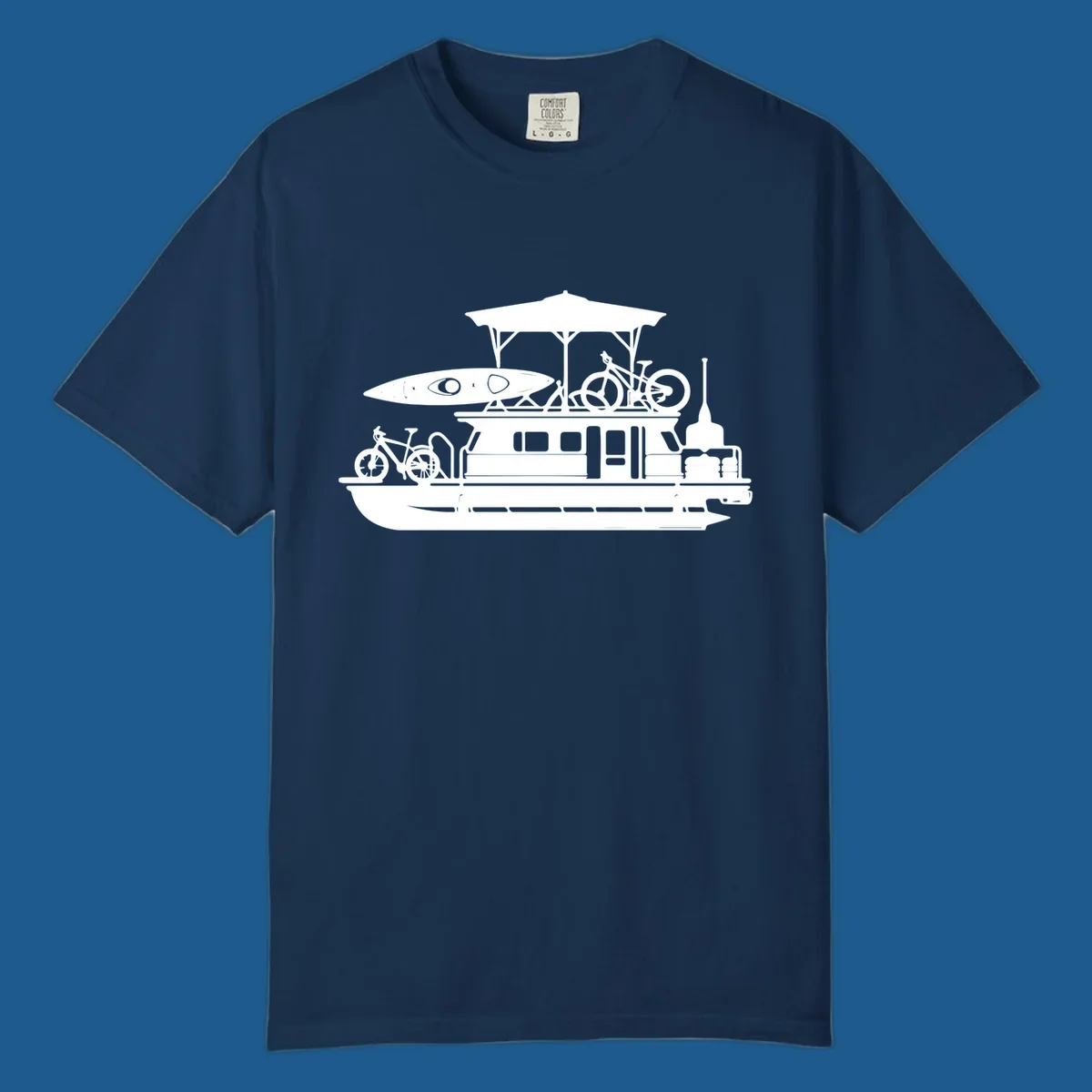Pontoon boat silhouette with kayak and bicycles, representing pontoon-boat-adventure.