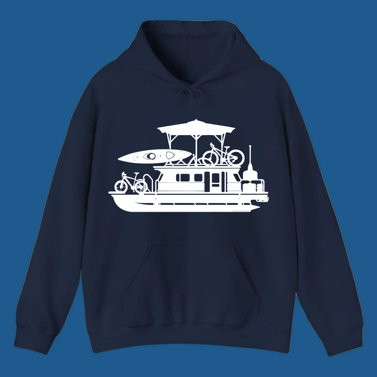 Pontoon boat silhouette with kayak and bicycles, representing pontoon-boat-adventure.