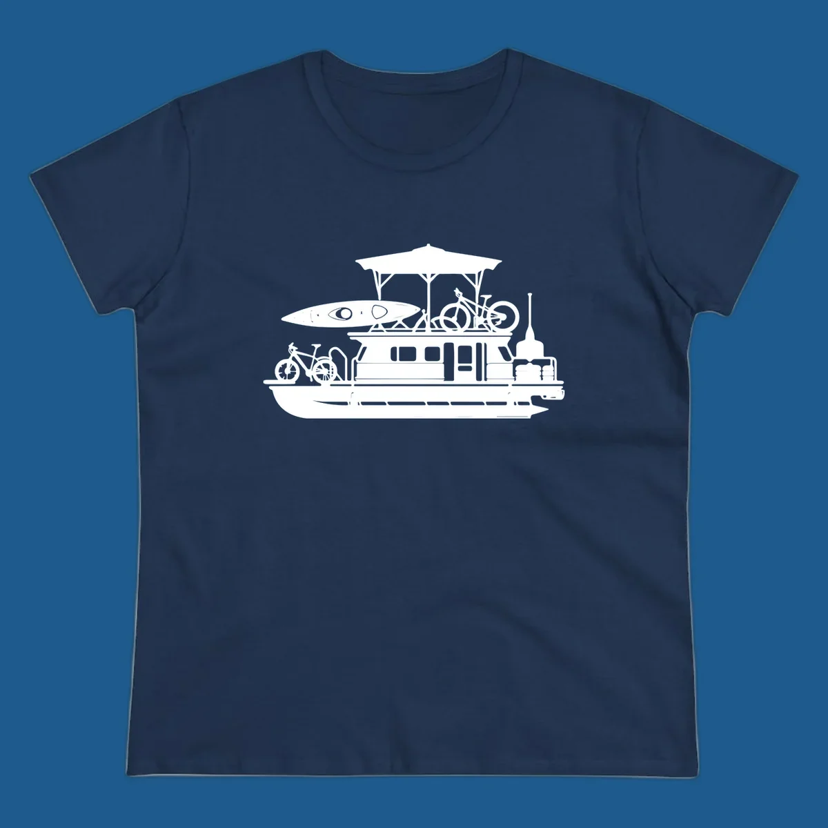 Pontoon boat silhouette with kayak and bicycles, representing pontoon-boat-adventure.