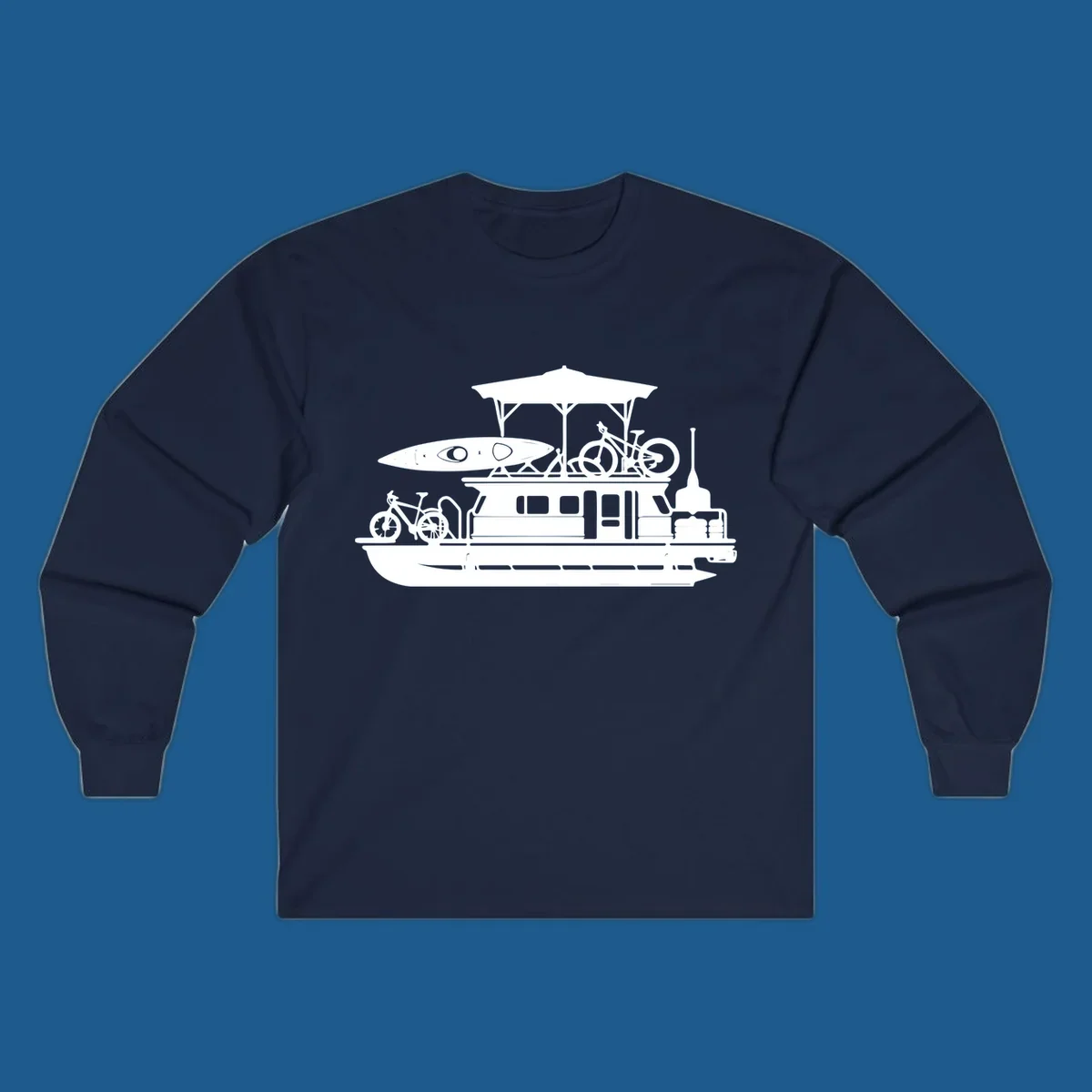 Pontoon boat silhouette with kayak and bicycles, representing pontoon-boat-adventure.