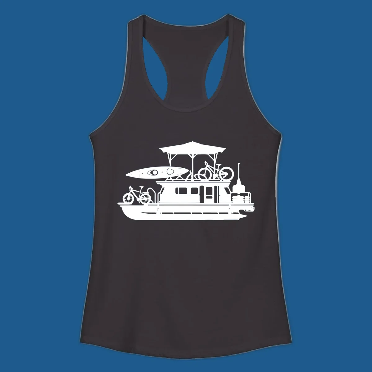 Pontoon boat silhouette with kayak and bicycles, representing pontoon-boat-adventure.
