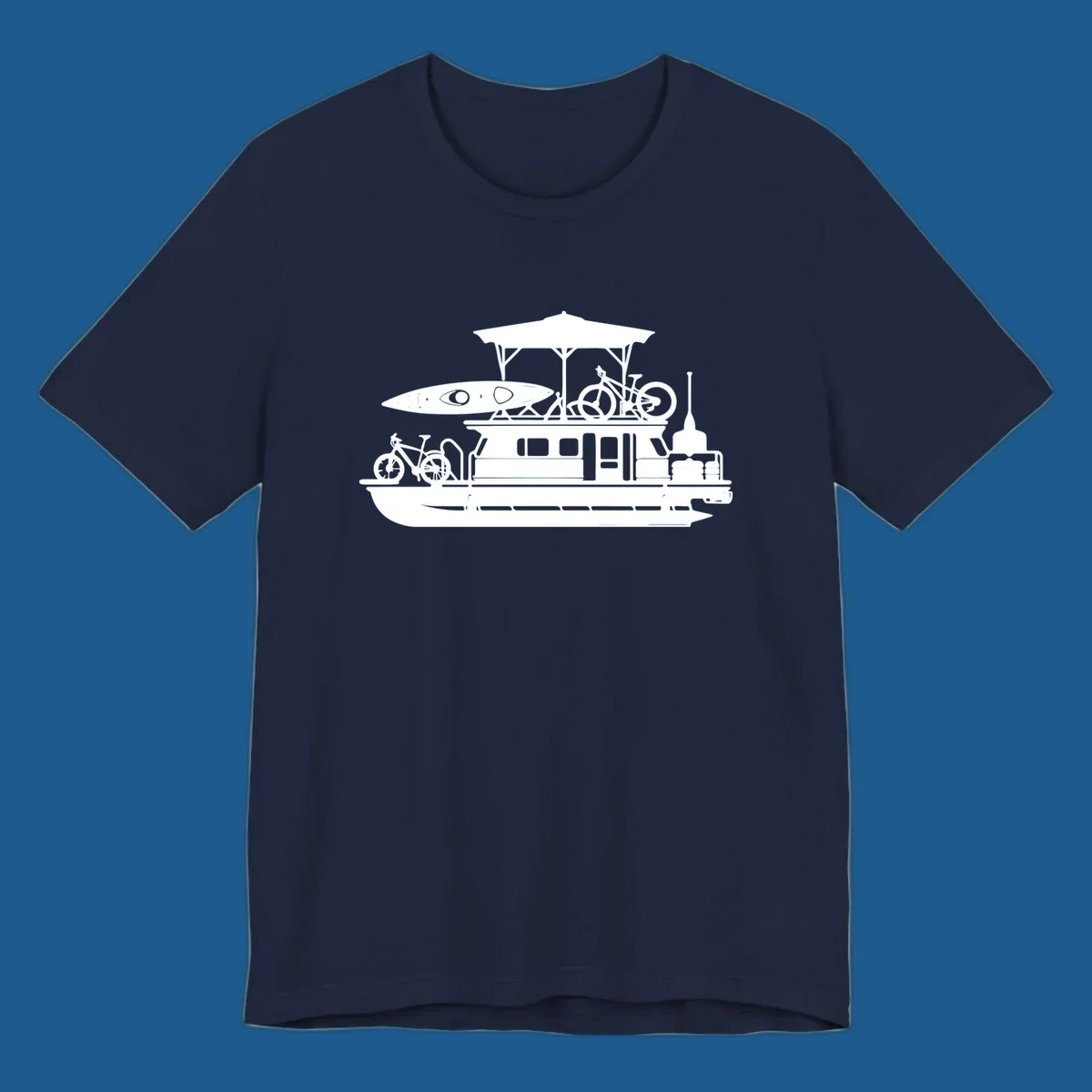 Pontoon boat silhouette with kayak and bicycles, representing pontoon-boat-adventure.