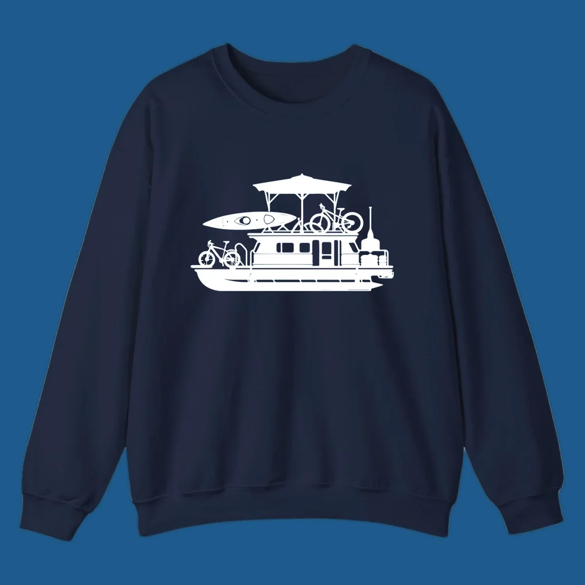 Pontoon boat silhouette with kayak and bicycles, representing pontoon-boat-adventure.
