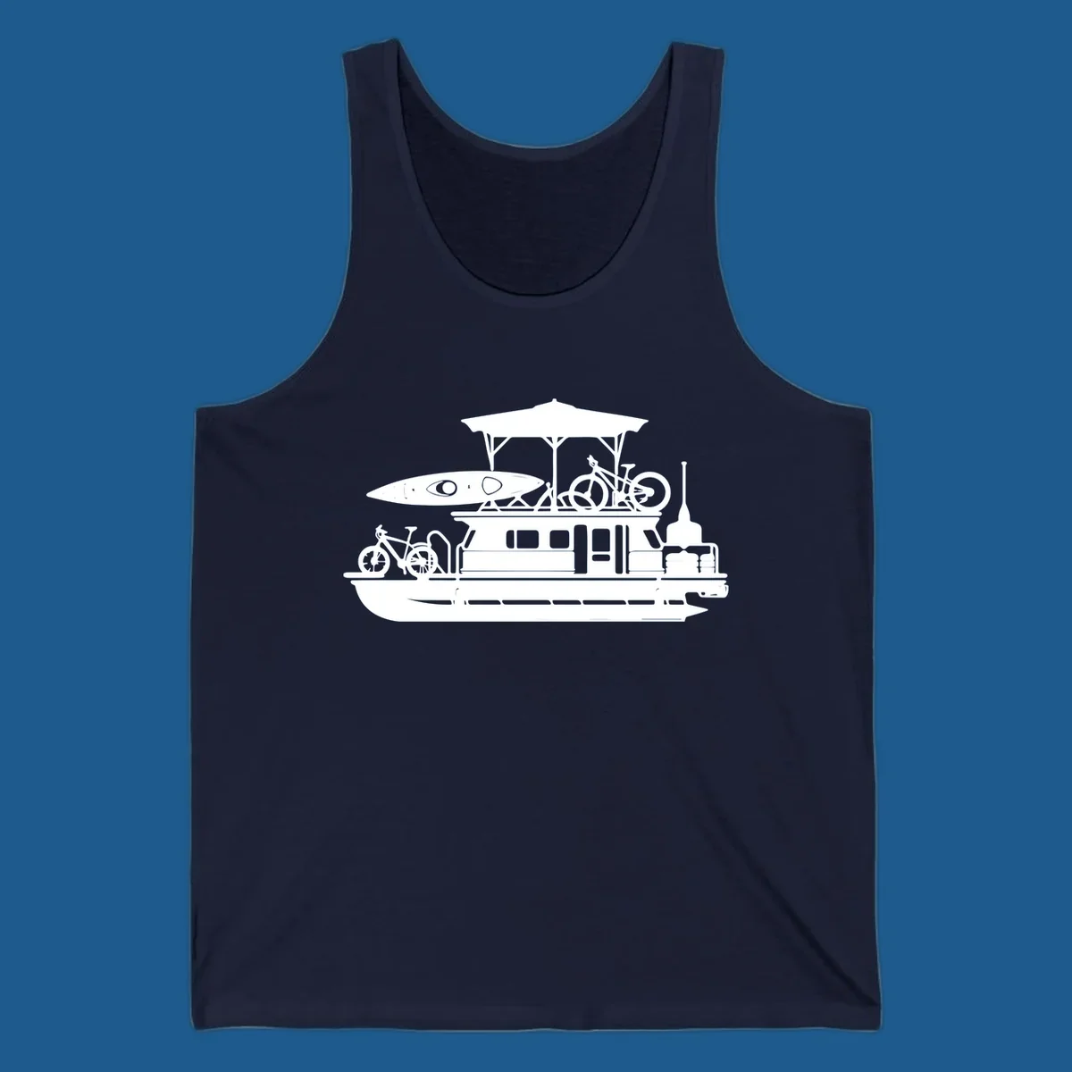 Pontoon boat silhouette with kayak and bicycles, representing pontoon-boat-adventure.