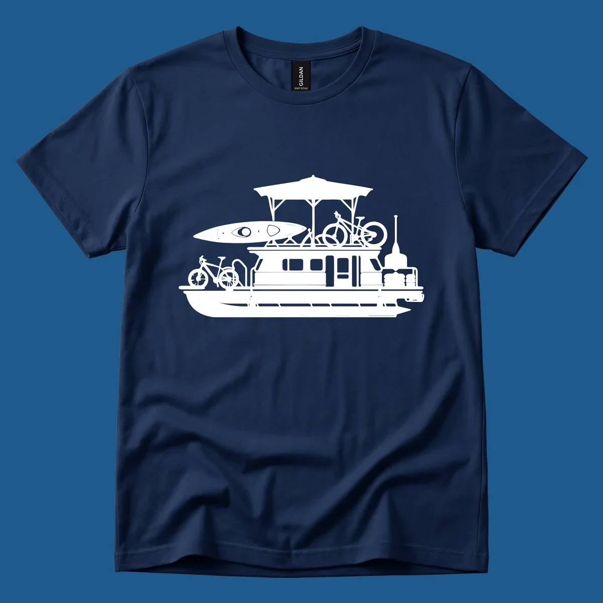 Pontoon boat silhouette with kayak and bicycles, representing pontoon-boat-adventure.