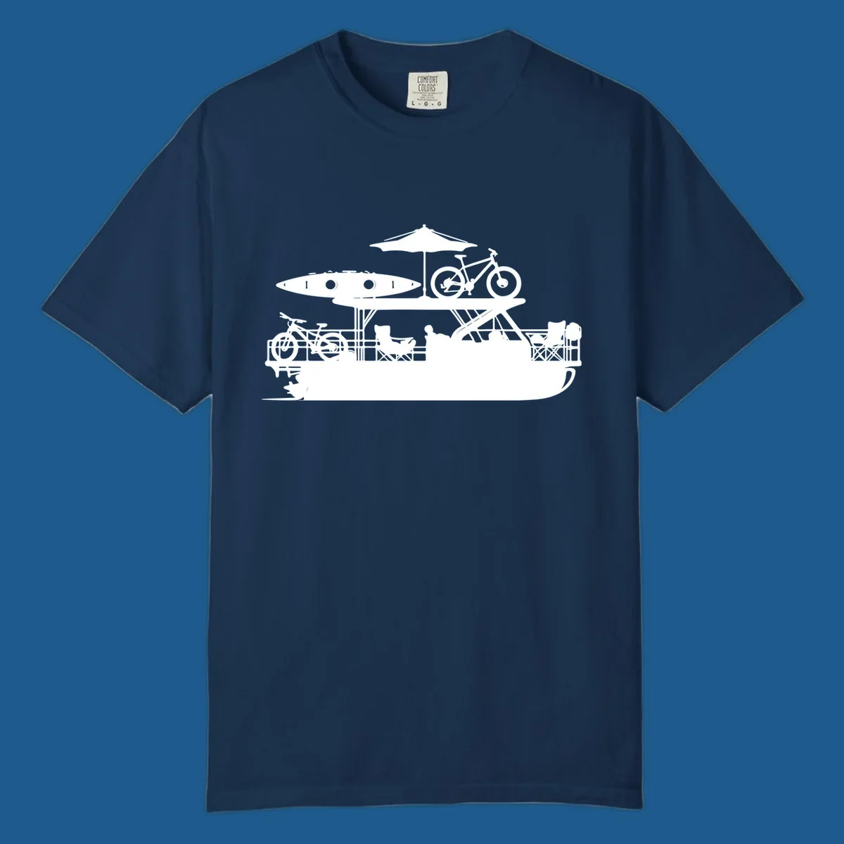 Pontoon boat lifestyle illustration with kayak, bikes, umbrella, and chairs. pontoon-boat-lifestyle